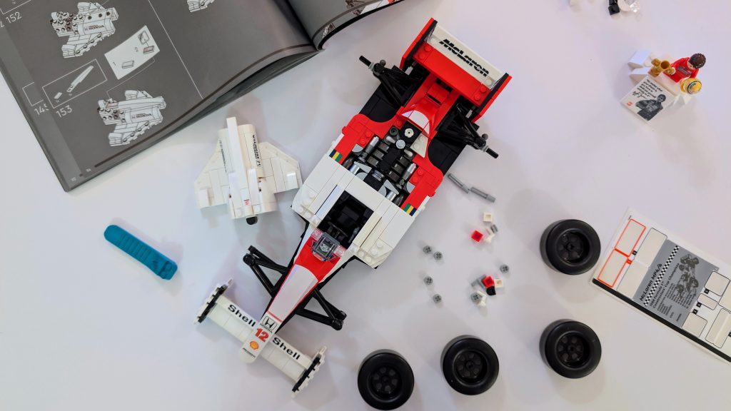 LEGO McLaren MP4/4 building process - wheels and engine cover ready to be attached