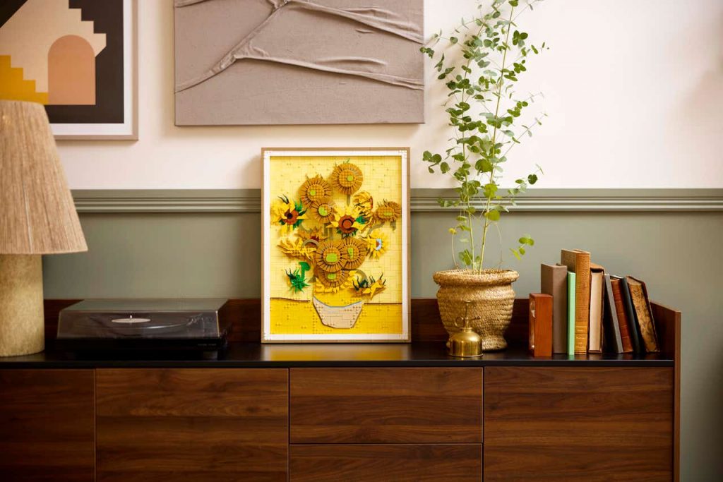 LEGO Van Gogh Sunflowers can be displayed on a shelf, or wall mounted