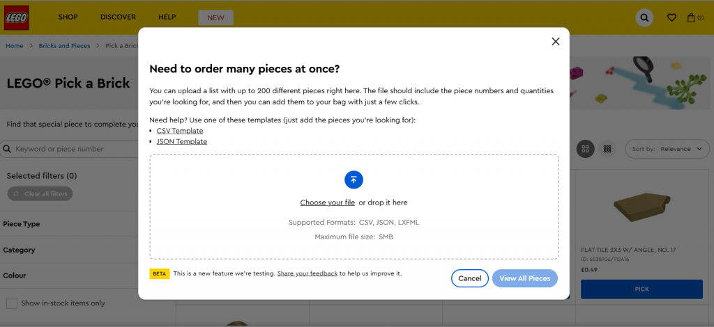 How to Upload a Parts List to LEGO Pick a Brick