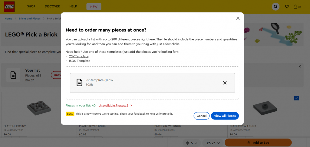 How to Upload a Parts List to LEGO Pick a Brick